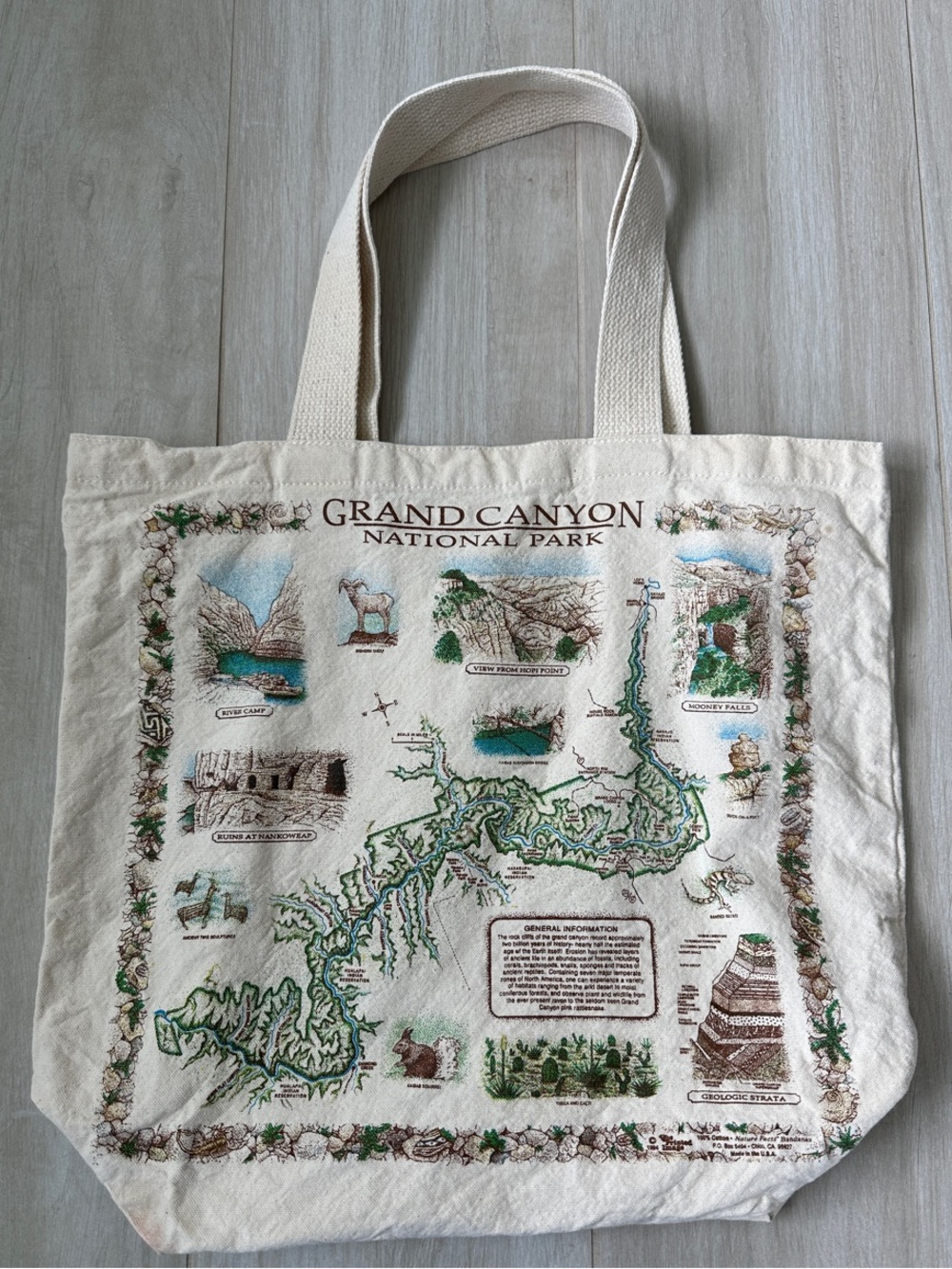 Vintage Grand Canyon National Park Canvas Tote Bag - Cream with Green Map
